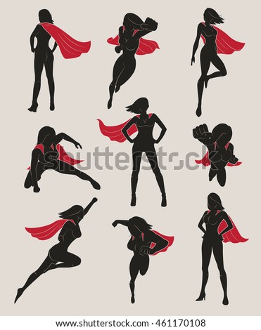 Set of Female Superhero. Black and Red Color.