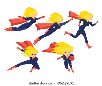 Set of female superhero in different situations and poses. Longhaired superwoman actions set in cartoon colored style in costume. Vector illustration isolated in cartoon style.