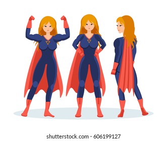Set of female superhero in different situations and poses. Longhaired superwoman actions set in cartoon colored style in costume. Vector illustration isolated in cartoon style.