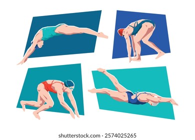 Set of female swimmer character in action. Isolated on white background. Flat vector illustration.