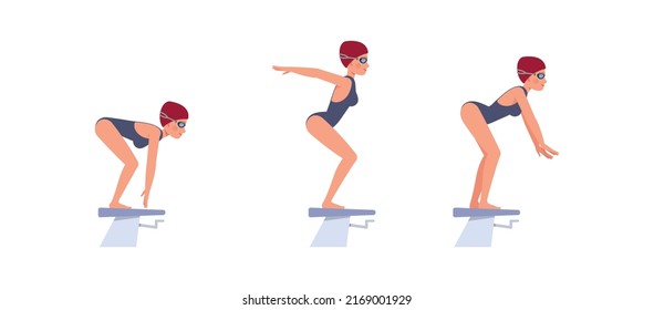 Set of Female swimmer character vector design. Presentation in various action with emotions, running, standing and walking.