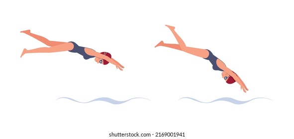 Set of Female swimmer character vector design. Presentation in various action with emotions, running, standing and walking.