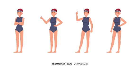 Set von Female Schwimmer Charakter Vektordesign. Präsentation in verschiedenen Action mit Emotionen, Laufen, Stehen und Gehen.