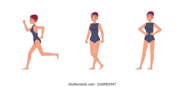 Set of Female swimmer character vector design. Presentation in various action with emotions, running, standing and walking.