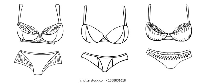 Set weiblicher Badeanzüge. Enthält Vektorelemente für Design. Doodle-Stil.