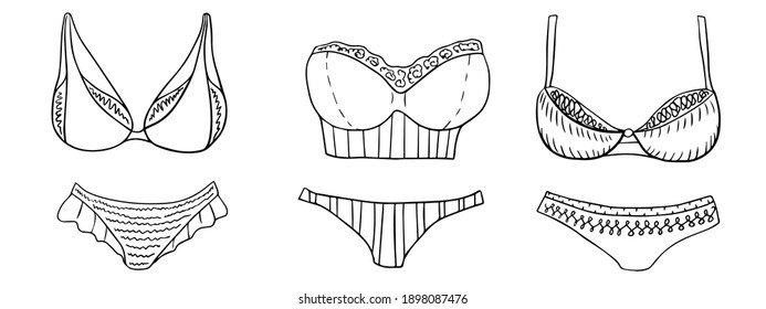 Conjunto de trajes de baño femeninos. Elementos aislados del vector. Ilustración del doodle.
