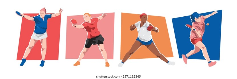 Set of female table tennis players with different poses, gestures. Isolated on white background. Flat character vector illustration.