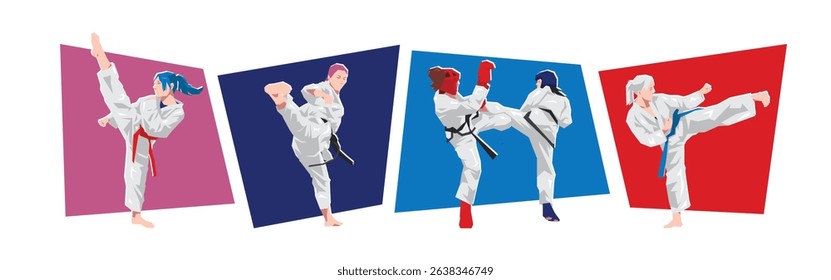 Set of female taekwondo athlete, fighter in combat pose. Sport, martial arts. Cartoon flat vector illustration.