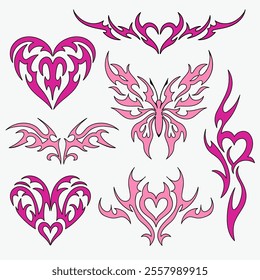 Set of female tattoos. Emo, goth, heart, 90's style. Vector graphics