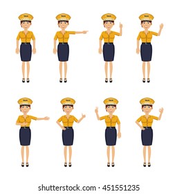 Set of female taxi driver characters showing different hand gestures. Cheerful driver showing thumb up gesture, this way, greeting, waving, pointing up, victory sign. Flat style vector illustration