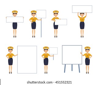 Set of female taxi driver characters posing with different blank banners. Cheerful driver with paper, poster, placard, pointing to whiteboard, teach, advertise, promote. Flat style vector illustration