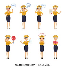 Set of female taxi driver characters posing in different situations. Cheerful driver talking on phone, surprised, thinking, angry, holding stop sign, document, book, in love. Flat vector illustration