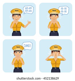 Set of female taxi driver characters showing different facial expressions. Cheerful taxi driver showing thumb up gesture, laughing, crying, smiling, surprised. Flat style vector illustration