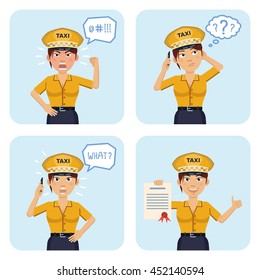 Set of female taxi driver characters posing in different situations. Cheerful taxi driver talking on the phone, thinking, surprised, angry, holding document. Flat style vector illustration