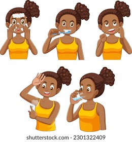 Set of female teen doing self care routine illustration