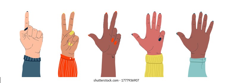 Set of female tender hands of different nationalities showing different gestures on an isolated white background. The concept of feminism and independence, female friendship and movement. vector 