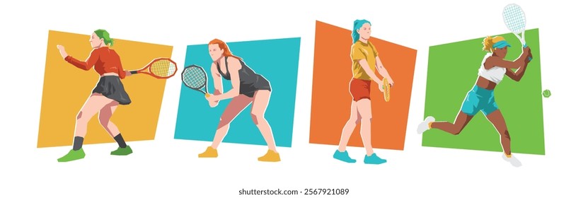 Set of female tennis player character with different poses. Isolated on white background. Flat vector illustration.