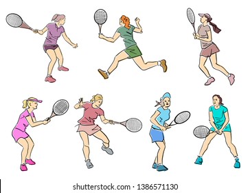Set of female tennis players. Colorful flat illustration.. Hand drawn silhouette. Abstract isolated contours and pastel colors. Active pose. Vector outlines.