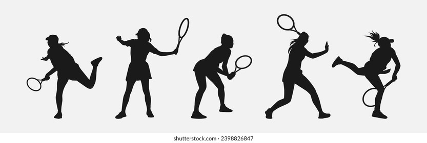 Reihe von Tennisspielerinnen Silhouetten. verschiedene Posen, Gesten. einzeln auf weißem Hintergrund. Vektorgrafik.