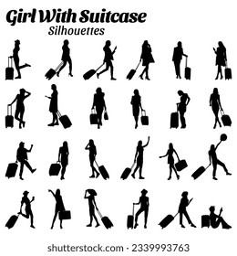 Set of female traveler silhouette vector illustrations carrying suitcases.