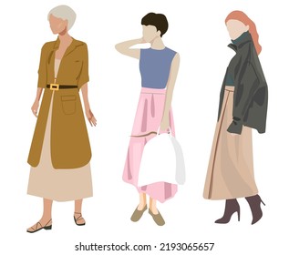 A set of female turns, different people, with different hair color, different hairstyles and style in clothes. Women in a coat, raincoat, and dress. The style of clothing is suitable for a walk 