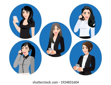 Set of female use smartphone vector flat illustration. Business women chatting or surfing internet on mobile phone. Communication Concept Collection of person hold mobile phone vector.