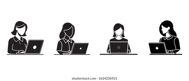 Set of Female User with Laptop Icon, silhouette vector style with white background Art Illustration