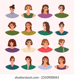 Set of female user portraits. Collection of varios young women faces. Isolated flat vector in simple cartoon style

