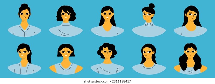 Set of female user portraits. Collection of varios young women faces. Isolated flat vector in simple cartoon style
