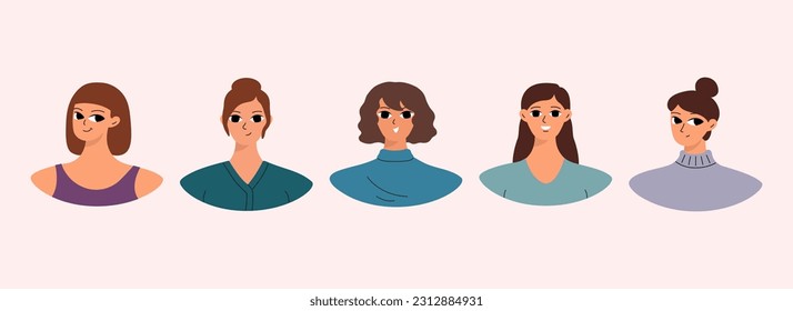 Set of female user portraits. Collection of varios young women faces. Isolated flat vector in simple cartoon style
