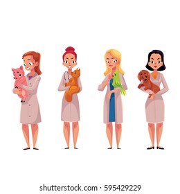 Set of female veterinarian doctors, women in medical coats holding cat, parrot, dog, pig, cartoon vector illustration isolated on white background. 