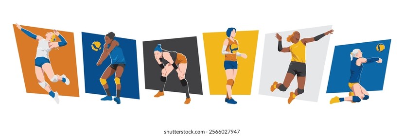 Set of female volleyball players. Volleyball athlete. Isolated on white background. Flat graphic vector illustration.