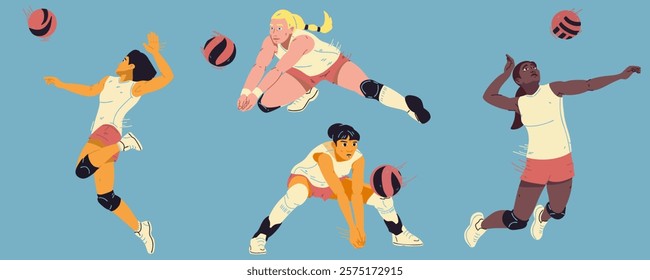 Set of female volleyball players receiving the ball. Vector illustration.