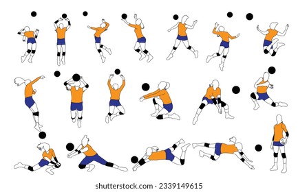 Set of female volleyball players in various poses Isolated vector silhouettes, team sport and beach volleyball