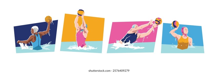 Set of female water polo player character in action. Sport, activity. Isolated on white background. Flat vector illustration.