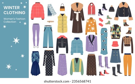 Set of female winter clothing. Flat vector art.