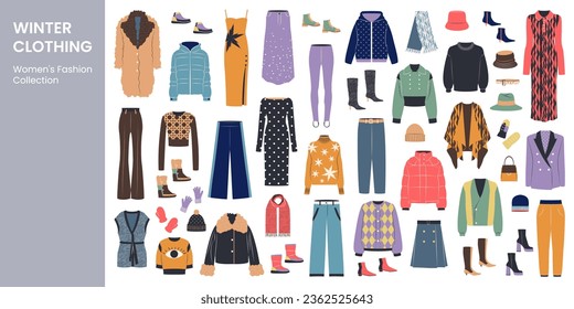 Set of female winter clothing. Flat vector art.