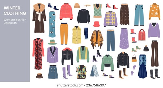 Set of female winter clothing. Flat vector art.