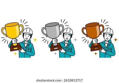 Set of female workers holding gold, silver and bronze trophies
