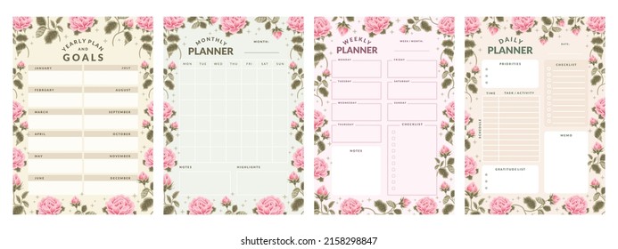 Conjunto de planner mensual vectorial estético femenino, planificador semanal, planificador diario y diseño de planner anual decorado con elementos florales de rosa rosa primaveral