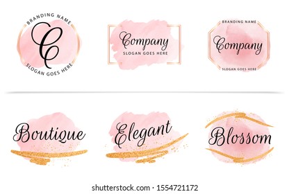 Set Of Feminine Badge With Peach Watercolor Background, Geometric Frame, And Gold Glitter. Beautiful Logo For Branding And Wedding Card Composition Design Concept