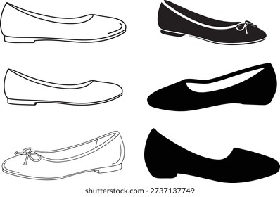 Set of feminine ballet flat shoe illustrations featuring simple slip on designs and decorative bow accents. Elegant footwear icons displaying minimalist silhouettes for fashion retail and apparel design concepts. Black and white graphic elements for women style.