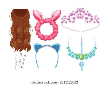 Set of feminine hair accessories. Items for woman hairdo styling. Hair band, bridal hairpin, invisible, crown, false hair, hairpiece. Care clip hairline fashion accessories vector