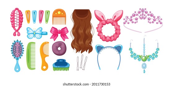 Set of feminine hair accessories. Items for woman hairdo styling. Elastic bands, bows, hoops, hairpins, combs, invisible, crown, false hair, hairpiece. Care clip hairline fashion accessories vector