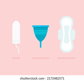 Set of feminine hygiene products. Menstruation days. Sanitary pads, tampons, menstrual cup. Vector illustration in trendy flat style isolated on pink background.