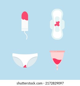 Set of feminine hygiene products. Menstruation days. Sanitary pads, tampons, menstrual cup, pants. Vector illustration in trendy flat style isolated on blue background.