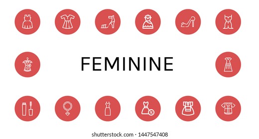 Set of feminine icons such as Dress, High heel, High heels, Mascara, Male , feminine