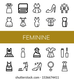 Set of feminine icons. Such as Dress, Cover, High heels, Heterosexual, High heel, Male, Mascara , feminine icons