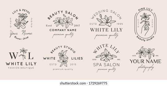 Set of Feminine logos with Lily flowers in simple minimal linear style. Vector floral emblem and icon for Beauty Salon, SPA, Wedding Boutiques, Photographers, fashion store, flower shop