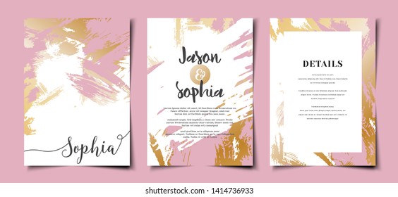 Set Of Feminine Wedding Invitation Template Layout With Pastel Pink And Gold Color Accent Brush Stroke Texture